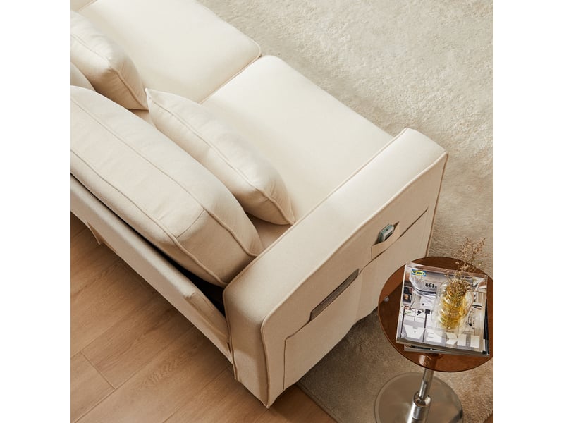  Canapé droit 4 places en tissu lin beige avec coussins et pochettes de rangement pour salon moderne  - Conforama D