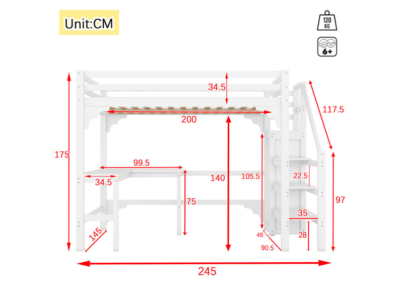  Lit mezzanine 140x200 cm avec bureau en l, armoire ouverte, en pin et mdf, blanc  - Conforama C