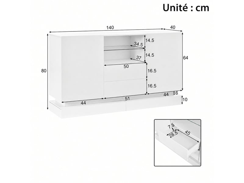 Buffet avec 2 portes, 2 tiroirs, niche led pour salon 140×40×80 cm en panneaux de particules blanc - Conforama E