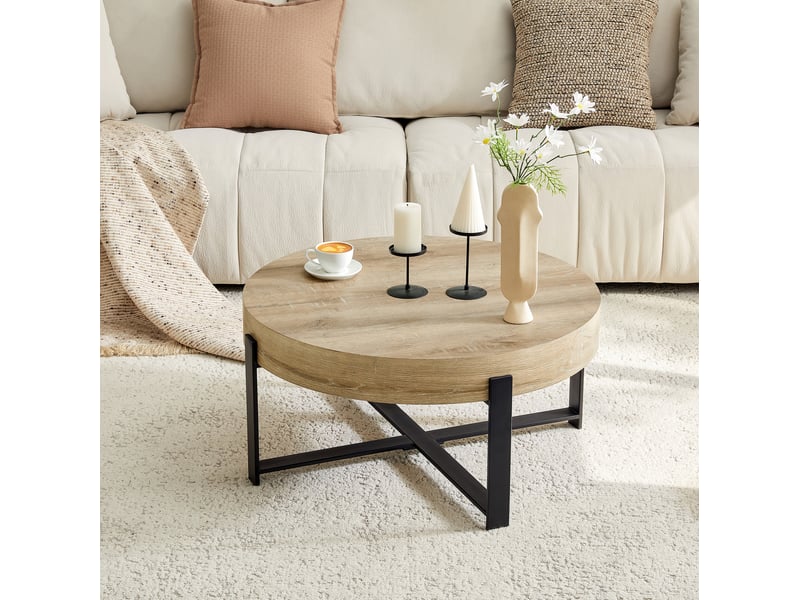 Table basse ulevr ronde 68 cm style industriel rétro, plateau mdf décor bois, piètement croisé en métal noir - Conforama D