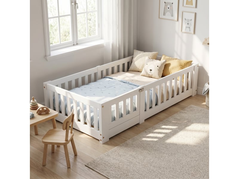  Lit enfant lit au sol 90x190 cm avec sommier, lit simple, avec barrières de sécurité et porte amovible, structure en bois, blanc  - Conforama B