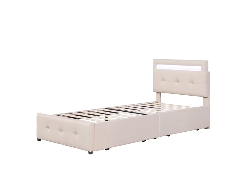  Lit simple 90x200 cm en tissu beige, led, 2 tiroirs de rangement, lit enfant et ado  - Conforama E