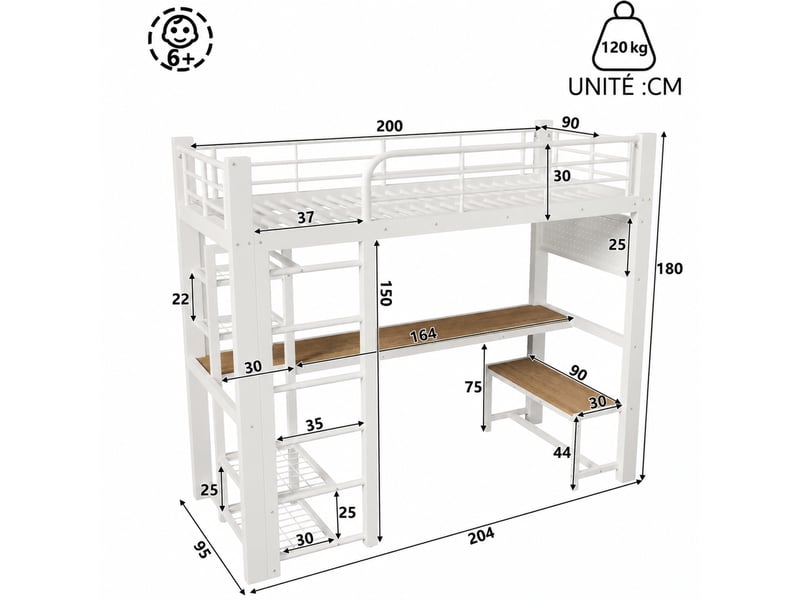 Lit mezzanine en métal, lit simple 90x200 cm avec bureau, escalier à rangements, led et penderie, sans matelas, blanc - Conforama D