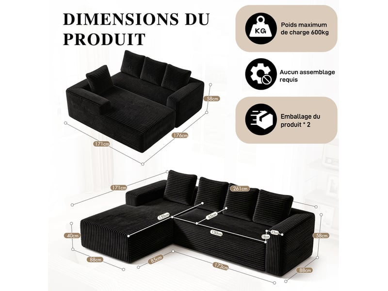  Canapé d’angle modulable 4 places avec méridienne en velours côtelé homvra  - Conforama D