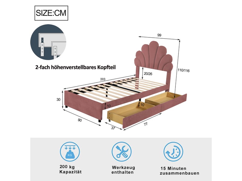 Lit enfant 90x200 cm, tiroirs, espace de rangement, tête de lit réglable, sommier, velours rose foncé, sans matelas - Conforama C