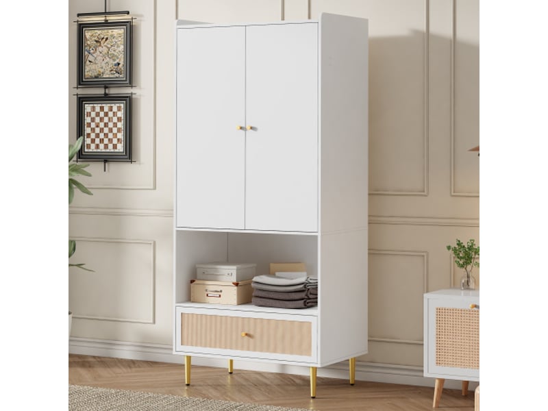  Armoire blanche 2 portes avec grand tiroir en rotin et barre de penderie, 80x48x175 cm, pour chambre et salon  - Conforama E