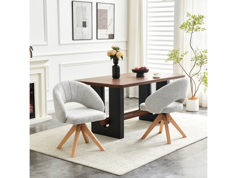  Ensemble 2 chaises pivotantes rétro velours gris clair, pieds bois massif, dossier arrondi 360° - salle à manger  - Conforama B