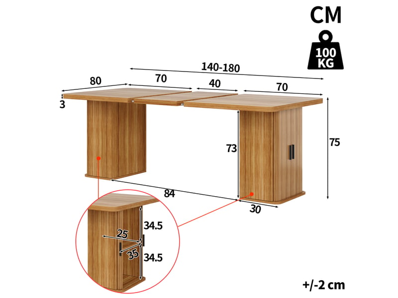  Table à manger extensible 140-180x80x75cm avec rangements des deux côtés, plateau effet bois, mdf et métal, marron evarich - Conforama C