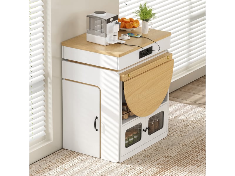  Îlot de cuisine extensible 55-194 x 80 x 95,5 cm, prises, led, portes vitrées, tiroir et roulettes, blanc, en mdf  - Conforama D