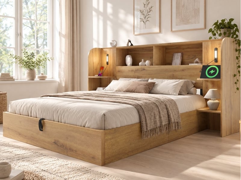  Lit coffre, 180 x 200 cm, lit en bois aspect chêne, avec étagères en tête de lit, éclairage led tactile, port de charge usb-c  - Conforama B