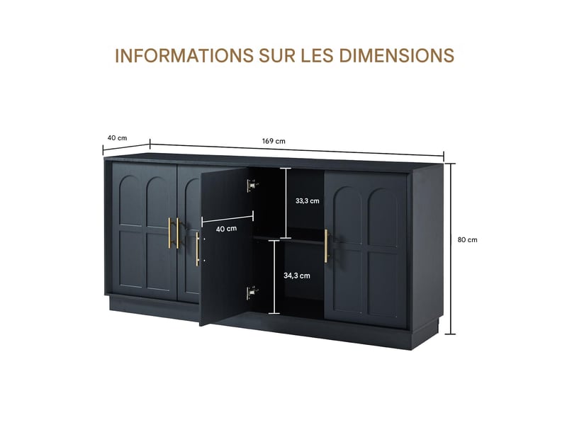  Buffet avec portes incurvées en mdf coloris noir 169 x 40 x 80 cm  - Conforama C