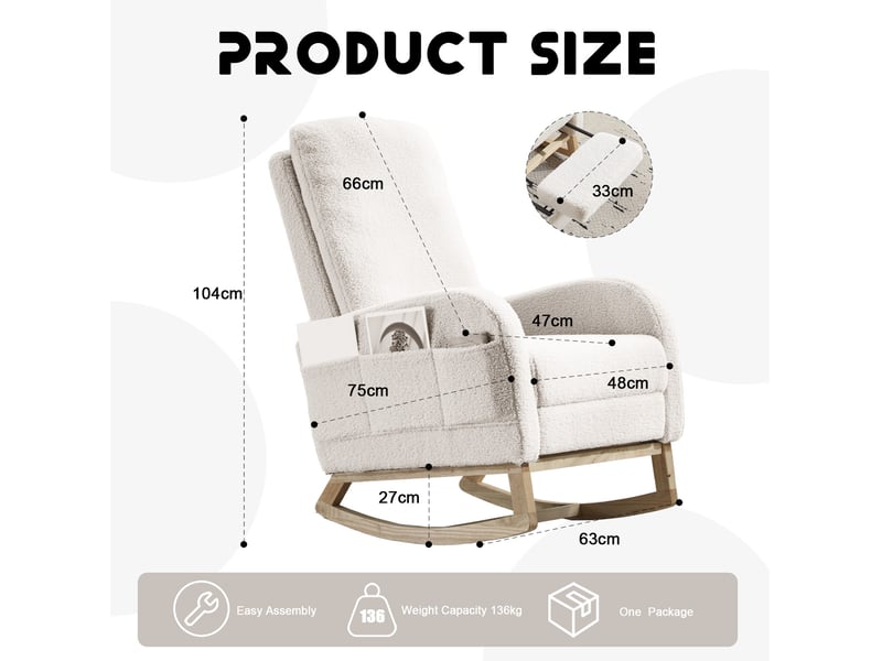 Fauteuil à bascule avec repose-pieds 75x63x104 cm en tissu bouclette blanc - Conforama C