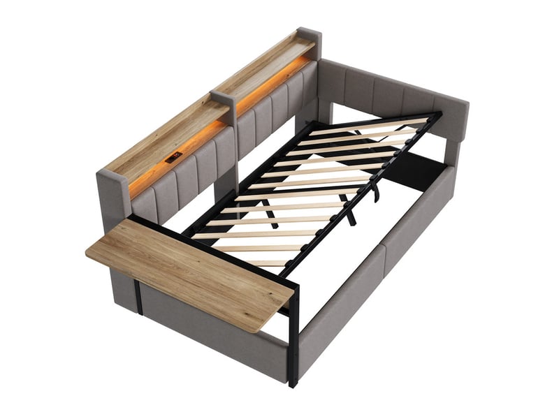  Lit coffre 90x200cm, avec éclairage led intégré, table pliante, tables de chevet interchangeables, port usb, velours gris  - Conforama A