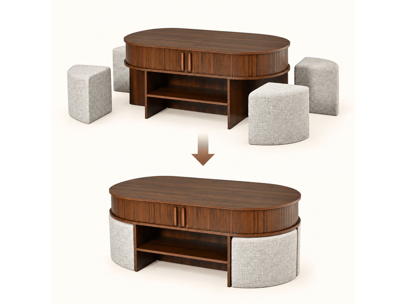  Table basse ovale de rangement avec panneaux rainurés verticaux, noyer, ensemble table basse avec tabourets en tissu  - Conforama C