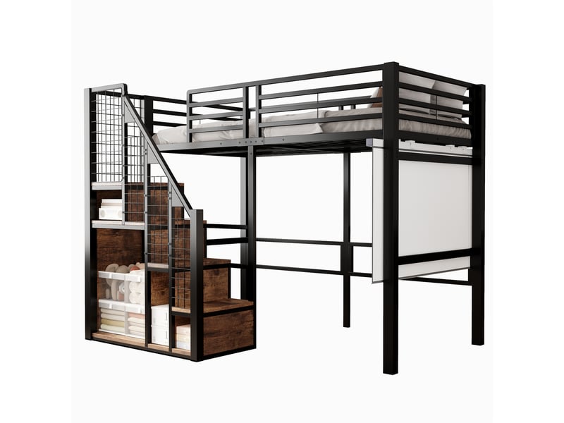  Lit mezzanine enfant 90 x 200 cm noir en métal avec échelle sécurisée, penderie, panneau grillagé, garde-corps haut et espace bureau  - Conforama A