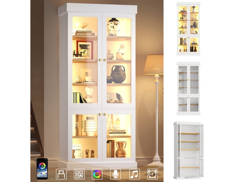  Vitrine haute 80 x 40 x 180 cm - avec led multicolore, portes vitrées, étagères réglables, anti-basculement, blanc  - Conforama B