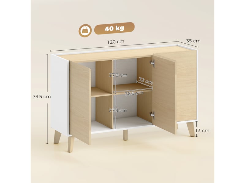  Buffet de 120 cm de large avec mécanisme de fermeture amortie et portes aspect bois et blanc.  - Conforama E