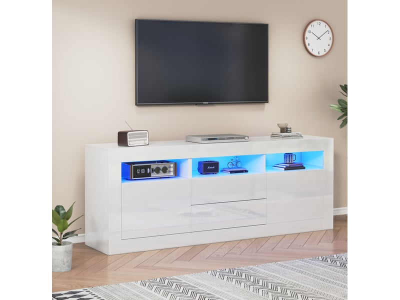  Meuble tv 160x35x60 cm led façade haute brillance panneau de particules blanc  - Conforama B