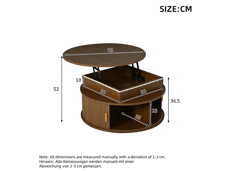 Table basse relevable ronde 75x75x52 cm avec led et rangement, au design simple, table de salon, mdf, couleur noyer - Conforama C