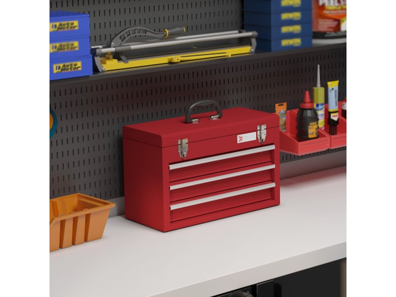  Caisse à outils vide en acier rouge 51 × 22 × 32 cm, 3 tiroirs, coffre supérieur, poignée et serrure  - Conforama C