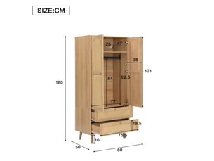 Armoire de rangement 80x50x180 cm avec portes effet rotin, penderie, étagères et 2 tiroirs, meuble dressing chambre design naturel - mdf-naturel