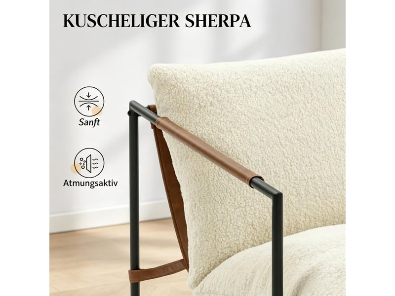 Fauteuil de salon - fauteuil lounge en tissu bouclette, fauteuil d'appoint rembourré, 91 x 77 x 80 cm, crème - Conforama W