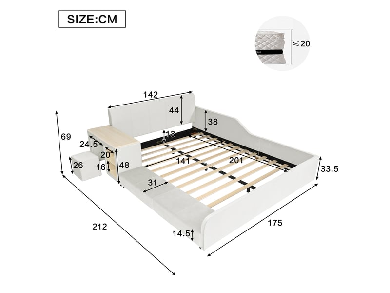  Lit avec rangement rembourré 140x200 cm coloris blanc velours lit enfant blanc - Conforama C