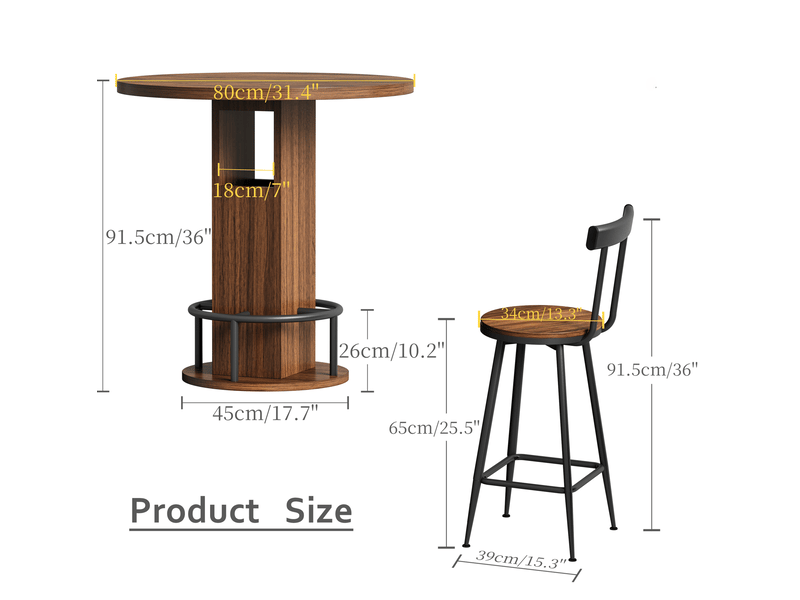 Ensemble bar 3 pièces avec table ronde 80 cm et 2 tabourets, noyer, acier - Conforama C