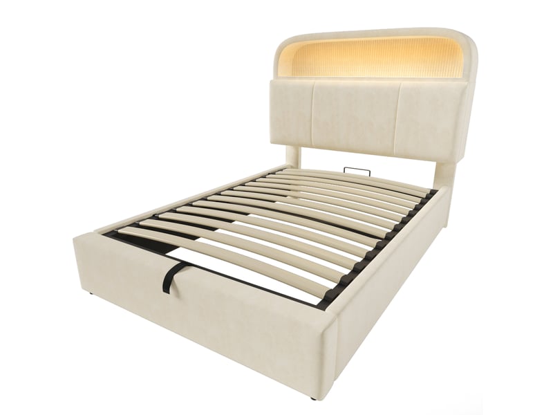  Lit enfant 90x200 cm – beige – coffre hydraulique, tête de lit réglable, led et matelas inclus  - Conforama D