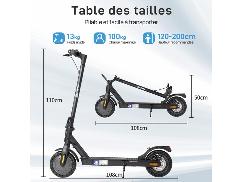 Trottinette électrique pliable 108 x 110 cm noire, alliage d'aluminium, batterie 375 wh, application mobile - Conforama C
