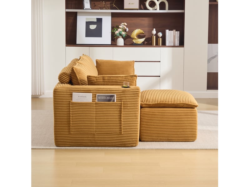  Canapé modulable 3 places modenvie avec pouf, coussins et porte-gobelets en velours côtelé orange 256 x 161 x 75 cm  - Conforama D