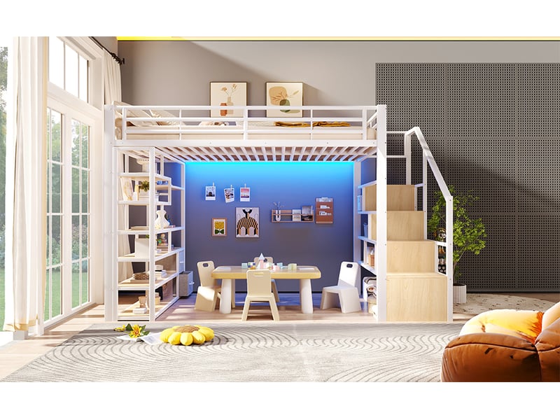  Lit superposé 140x200 cm blanc mdf et métal avec rangements tiroirs en tissu marches intégrées garde-corps échelle et ruban led sans matelas Sol Morn - Conforama E