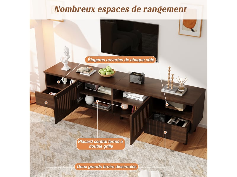  Meuble tv bas 180x40x51 cm avec 2 portes cannage et 2 tiroirs, pieds en bois, effet noyer pour tv jusqu'à 75 pouces OMNIGLINT TRADING LTD - Conforama D