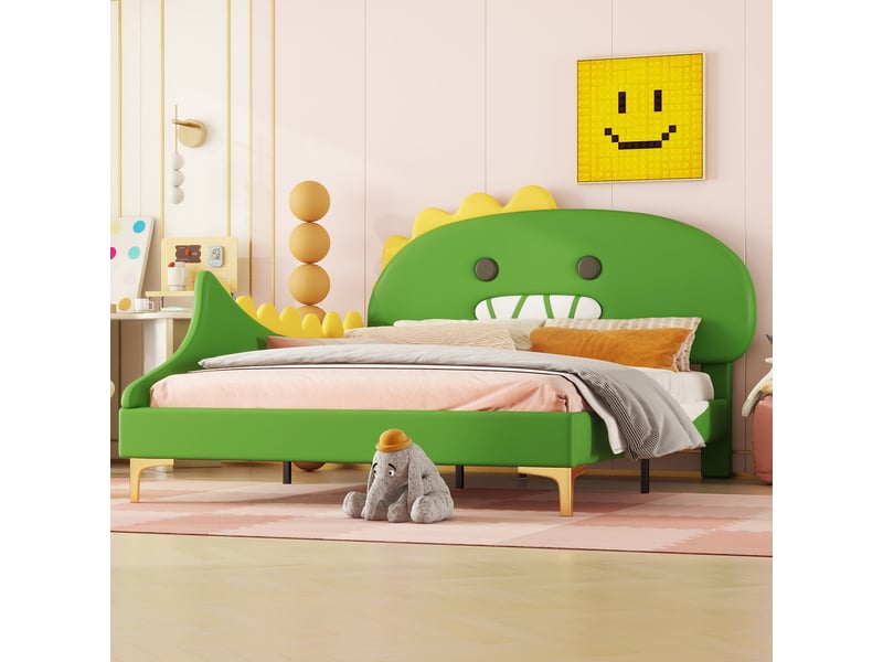 Lit enfant dinosaure 140x200 cm en pu et mdf vert - Conforama B