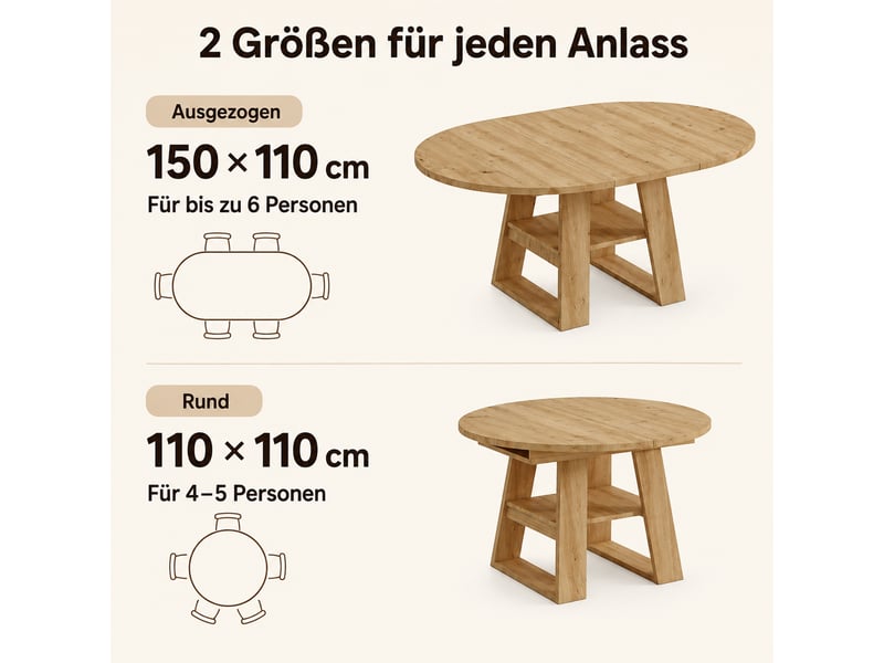  Table extensible pour 4 à 6 personnes avec rangement et tablette pour salle à manger, en mdf, finition chêne clair  - Conforama E