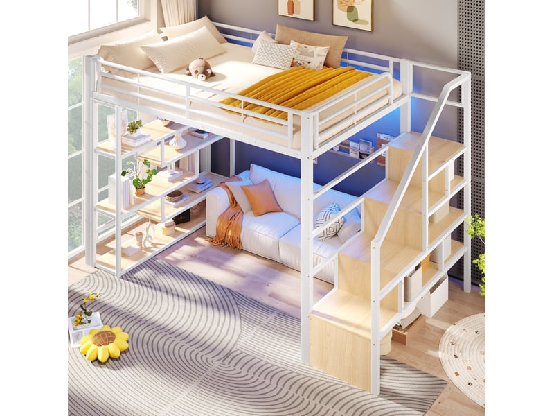  Lit surélevé enfant 140x200 cm, led multicolore, escalier rangements,  garde-corps métal mdf blanc sans matelas  - Conforama D