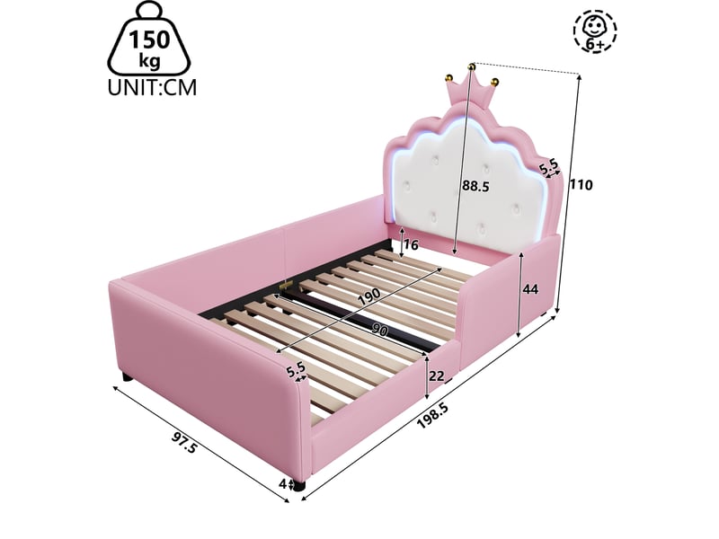 Lit enfant princesse 90 x 190 cm rose en pu avec tête de lit couronne capitonnée, led et barrières latérales rembourrées - Conforama C
