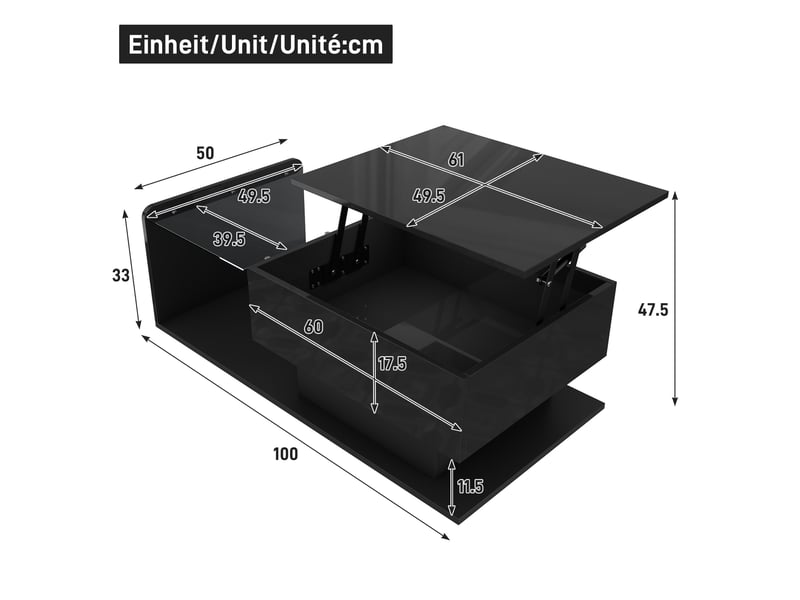  Table basse ulevr relevable 100 x 50 cm avec rangement, plateau en verre trempé, led contrôlée par application, noir brillant  - Conforama C