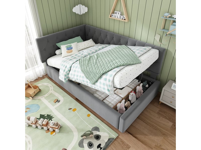  Lit jour avec rangement hydraulique en velours gris 100x196 cm  - Conforama E