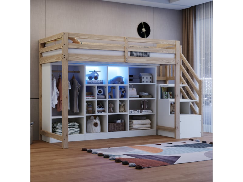  Lit mezzanine bois 90x200 cm avec rangement, armoire, étagères, placard, led intégrée, cadre et échelle intégrés  - Conforama E