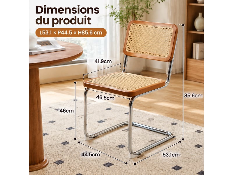  Lot de 2 chaises de salle à manger en similicuir, pieds chromés, style mid-century, assises rembourrées salon cuisine  - Conforama C