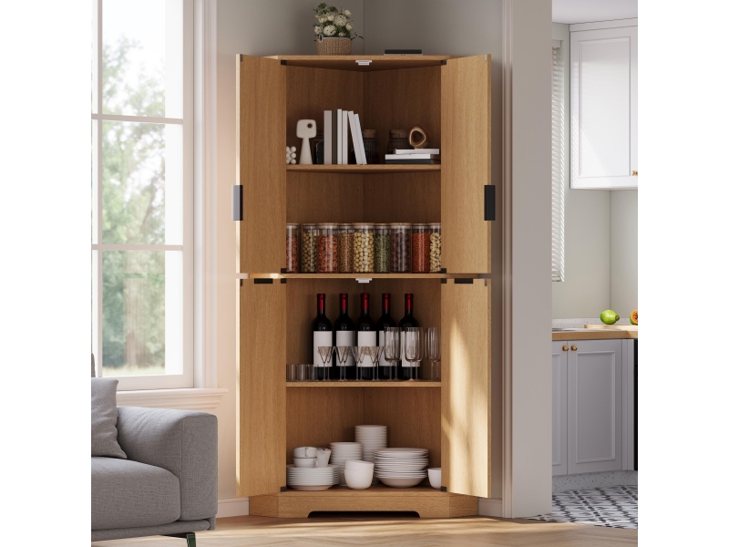 Buffet d'angle - 60x60x172cm - armoire colonne avec 4 portes cannelées ondulées, étagères réglables, anti-basculement - bois naturel - Conforama C