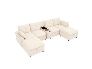 Canapé d'angle panoramique fixe <strong></strong> <strong></strong> 6 places Tissu beige avec coffre de rangement