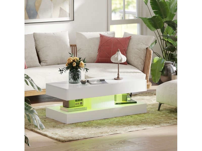  Table basse led avec 2 tiroirs et une niche ouverte, éclairage réglable, blanc brillant, pour salon, 120 × 50 × 42 cm  - Conforama B