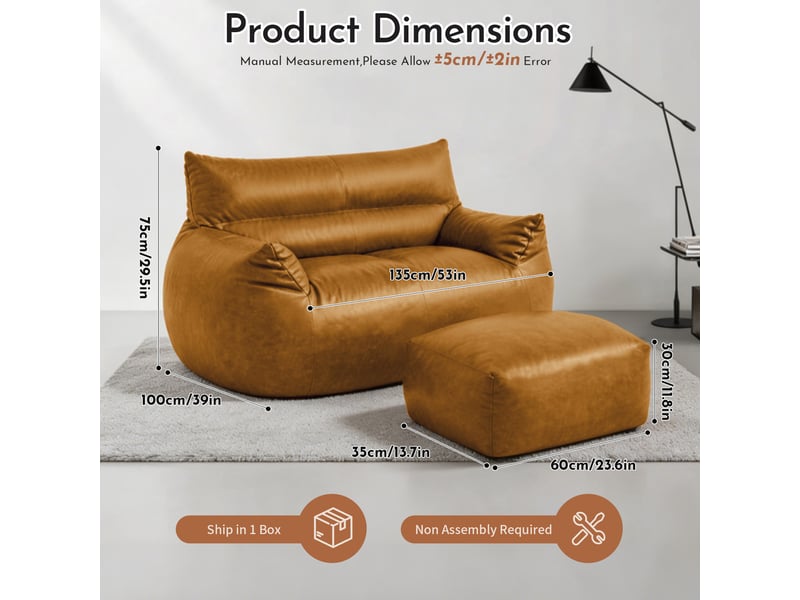  Fauteuil pouf double avec repose-pieds, design ergonomique et base antidérapante, en tissu technique marron, 135 × 100 × 75 cm  - Conforama E