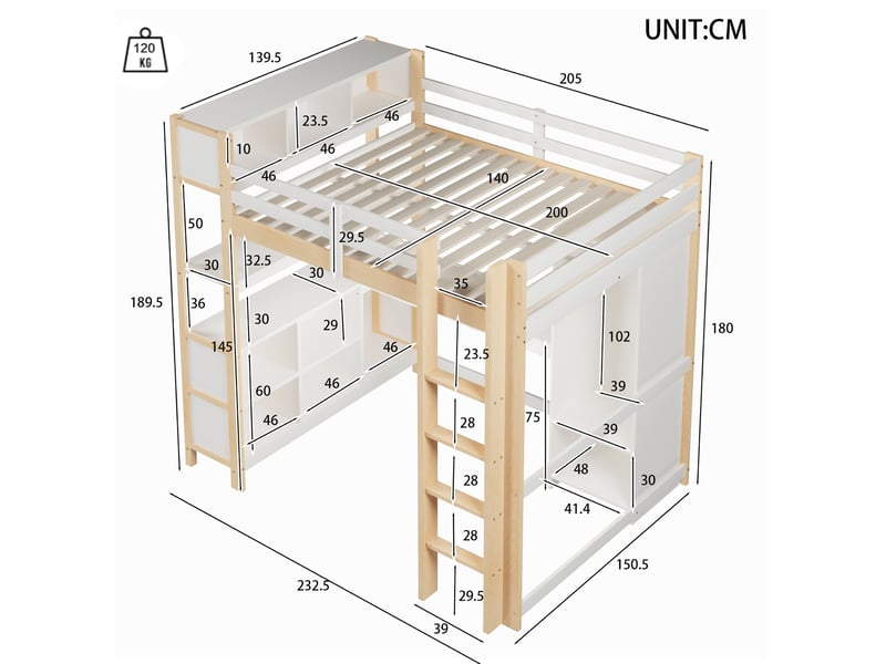 Lit mezzanine 140x200 cm avec bureau, étagères et armoire, blanc et naturel - Conforama C