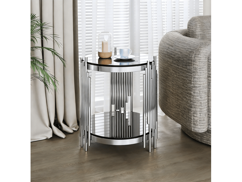  Table basse ronde 56.5x51.0x27.0 cm à 2 niveaux en acier inoxydable et verre trempé noir et argent  - Conforama D