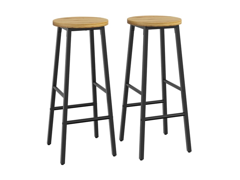  Tabouret de bar lot de 2 avec deux repose-pieds et pieds réglables, assise effet bois, en métal noir  - Conforama A