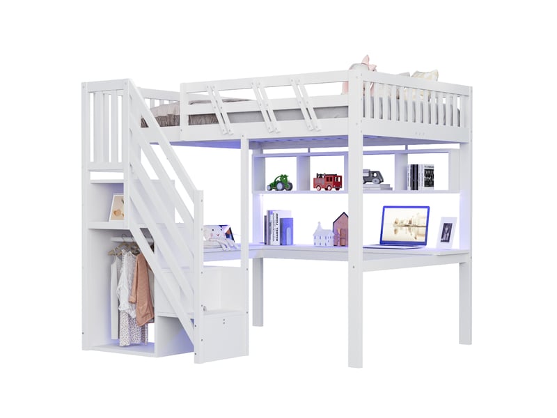Elvmi lit mezzanine enfant 140x200 en bois blanc avec escalier de rangement, bureau intégré, éclairage led, étagères ouvertes et prises - Conforama D