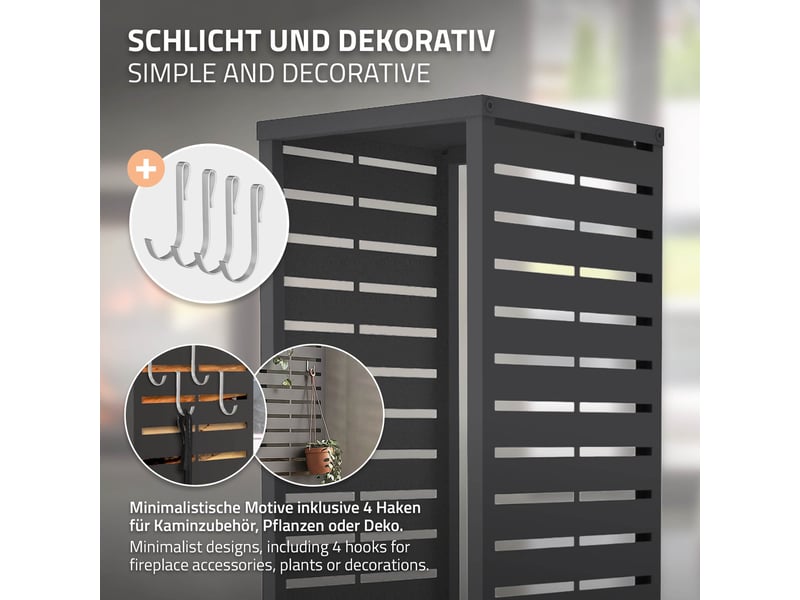  Ml-design range-bûches vertical en acier galvanisé 37,5 x 37,5 x 112 cm, intérieur et extérieur, motif de fentes, support colonne rangement bois de chauffage cheminée, 4 crochets, anthracite mat ECD Germany GmbH - Conforama E